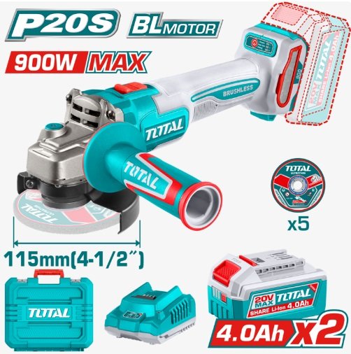 AMOLADORA ANGULAR 20V 900W 115MM TOTAL  C/ MALET, CARG Y BAT